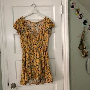 American Eagle Wrap Romper Yellow Floral